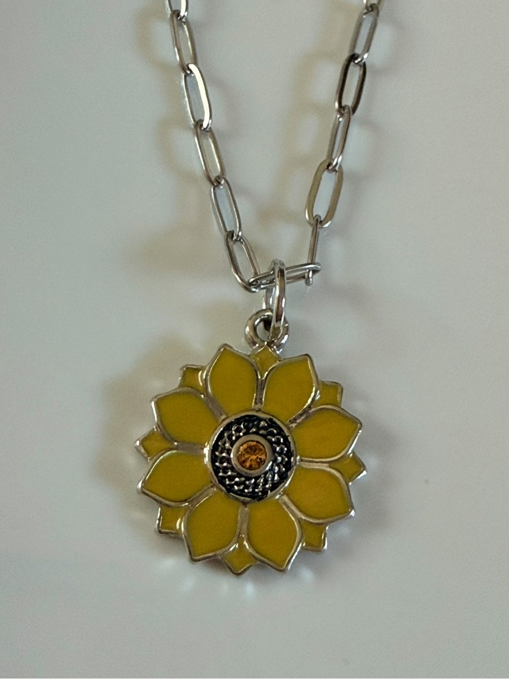Yellow Sunflower Charm Necklace for Women - Silver Tone